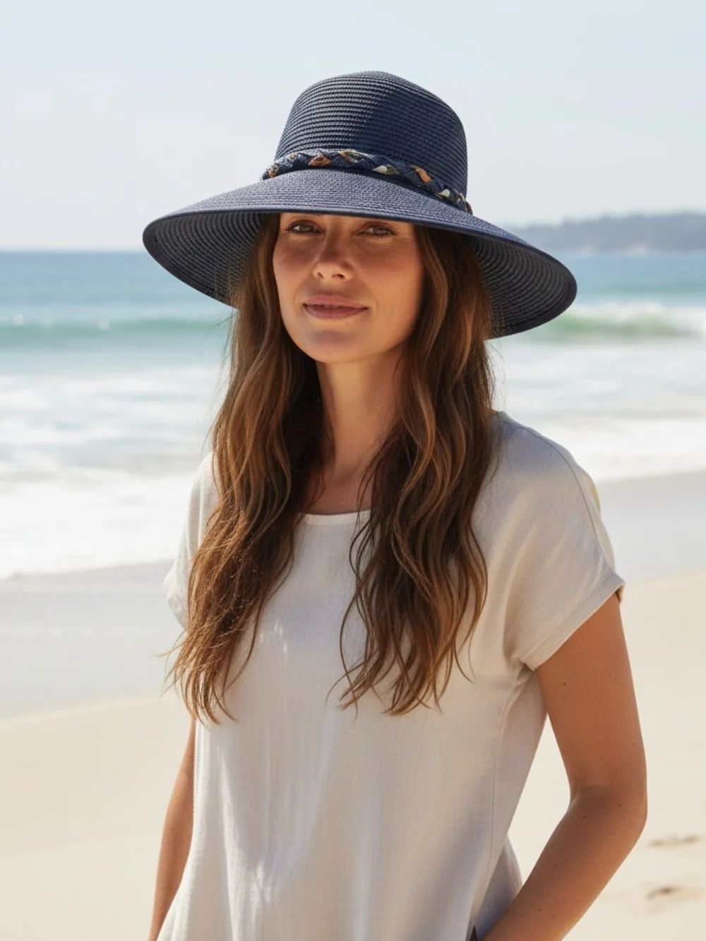 Women's Roll Up Straw Sun Visor Wide Brim Packable Beach Hat With Floral Bow